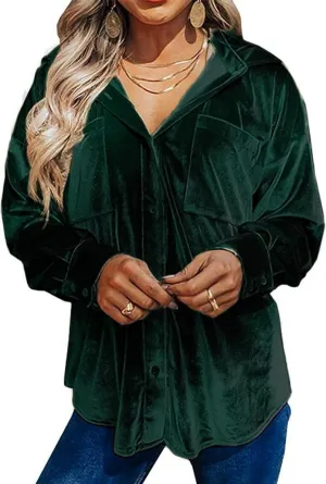 Kedera Womens Velvet Long Sleeve Button Down Shirt Jacket Retro Blouse Lapel Tunic Tops