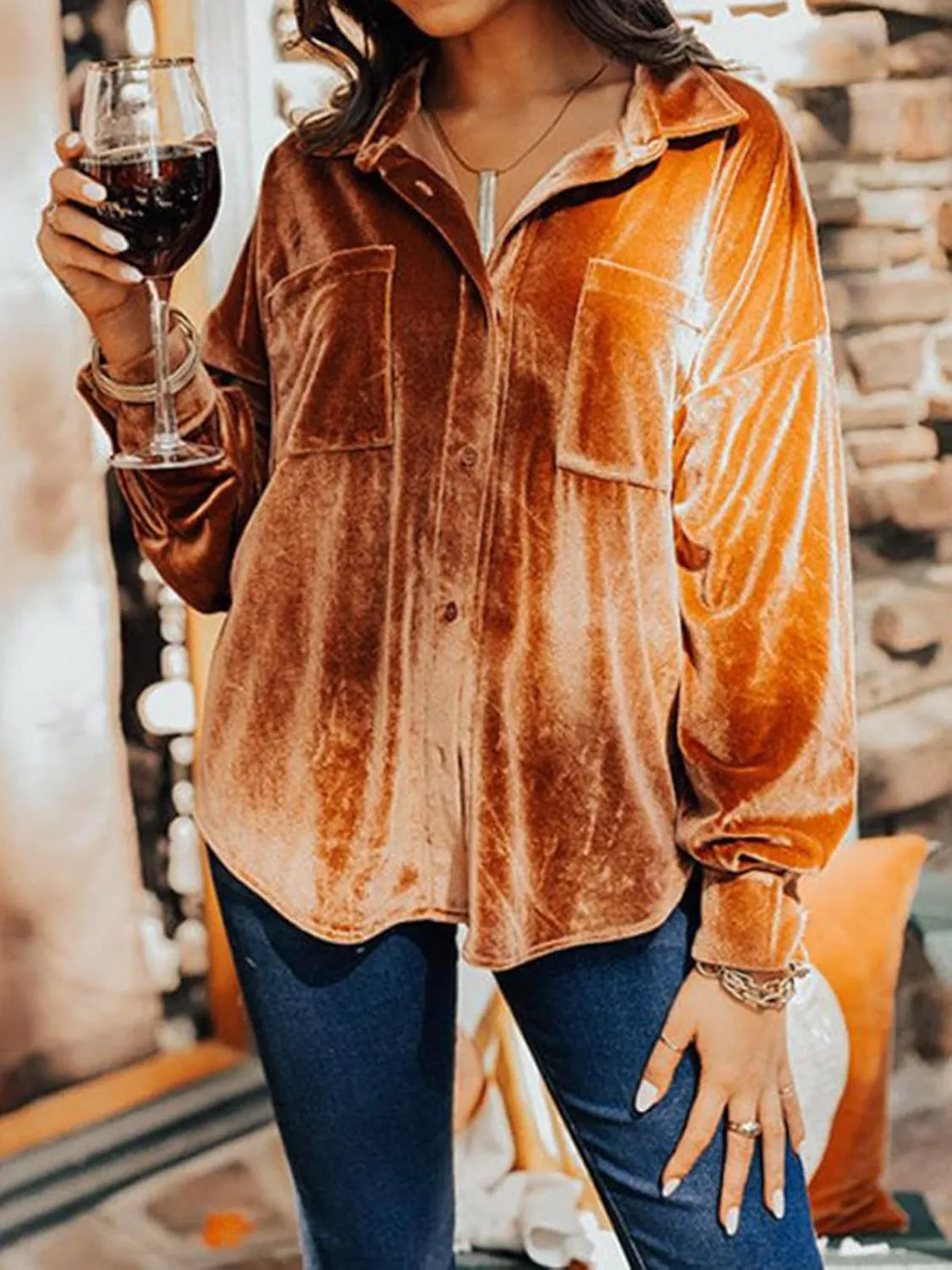Kedera Womens Velvet Long Sleeve Button Down Shirt Jacket Retro Blouse Lapel Tunic Tops