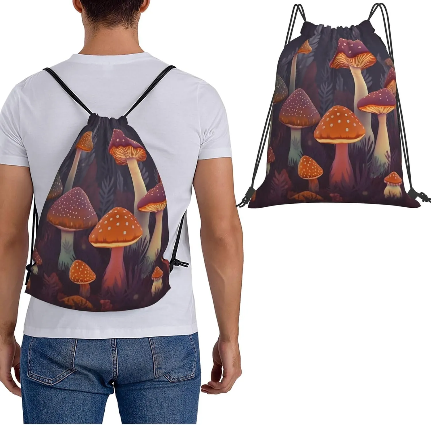 KHiry Drawstring Backpack Waterproof String Bag Bright Mushrooms Art Drawstring Sackpack Gym Bag for Man Woman