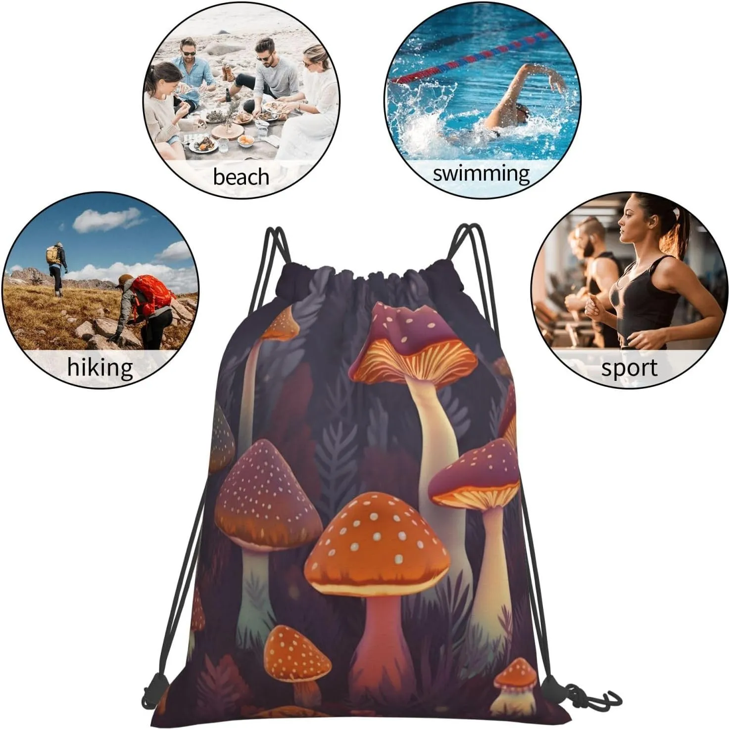 KHiry Drawstring Backpack Waterproof String Bag Bright Mushrooms Art Drawstring Sackpack Gym Bag for Man Woman