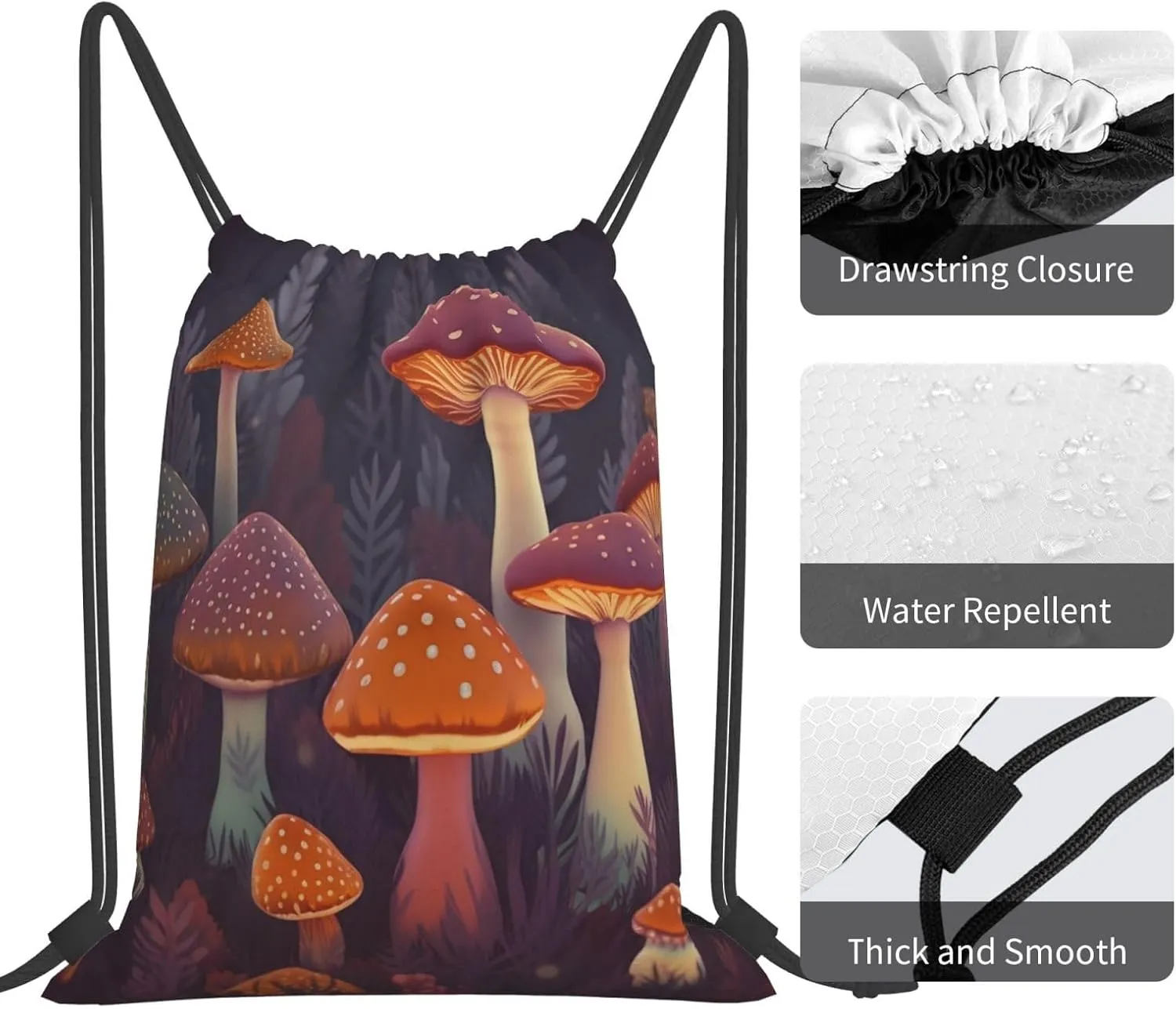 KHiry Drawstring Backpack Waterproof String Bag Bright Mushrooms Art Drawstring Sackpack Gym Bag for Man Woman