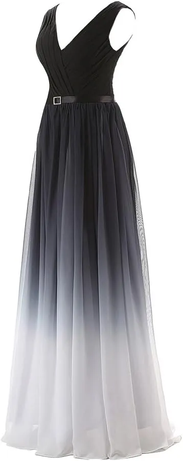 Kivary Black V Neck Sash Gradient Ombre Chiffon Long Formal Prom Evening Dresses
