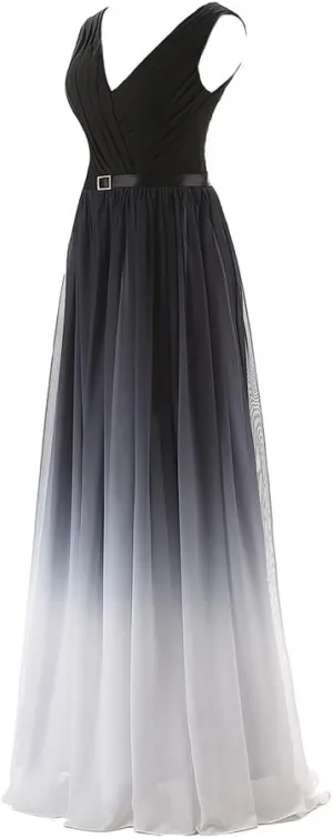 Kivary Black V Neck Sash Gradient Ombre Chiffon Long Formal Prom Evening Dresses