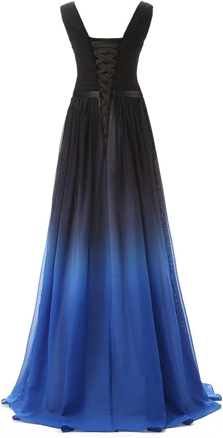 Kivary Black V Neck Sash Gradient Ombre Chiffon Long Formal Prom Evening Dresses