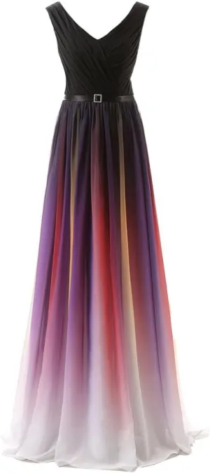 Kivary Black V Neck Sash Gradient Ombre Chiffon Long Formal Prom Evening Dresses