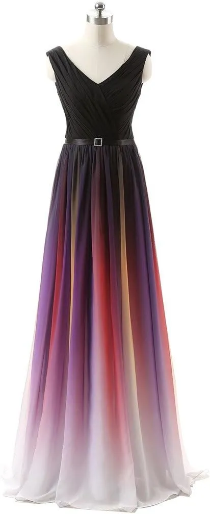 Kivary Black V Neck Sash Gradient Ombre Chiffon Long Formal Prom Evening Dresses
