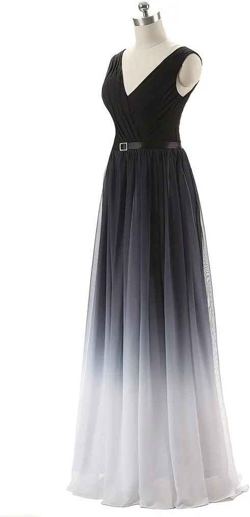 Kivary Black V Neck Sash Gradient Ombre Chiffon Long Formal Prom Evening Dresses