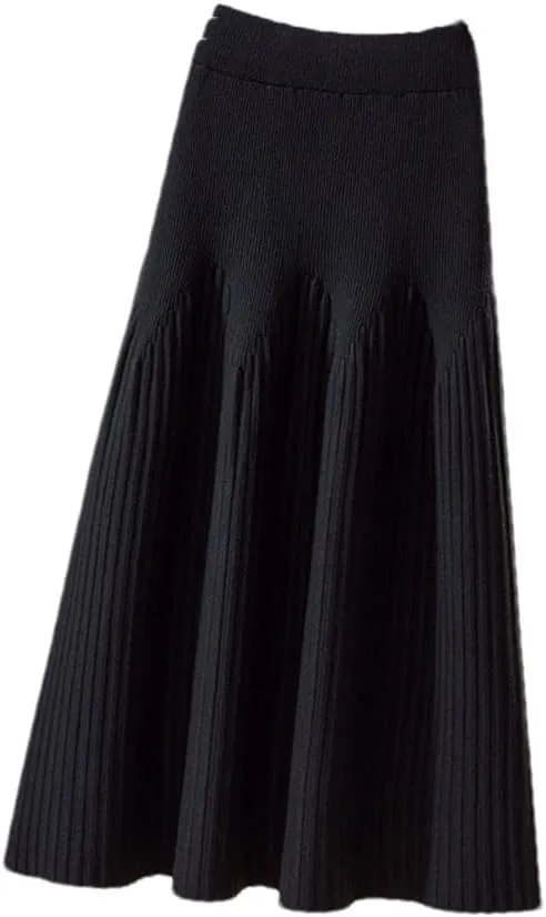Knitted Skirt Women Casual Solid A Line High Waist Pleated Midi Long Skirt Female Ladies