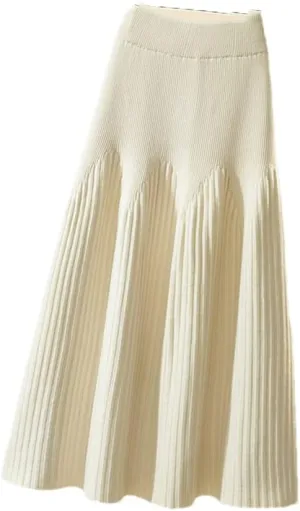 Knitted Skirt Women Casual Solid A Line High Waist Pleated Midi Long Skirt Female Ladies