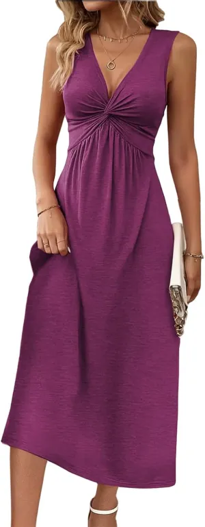 Knotted Front Dresses for Women Sleeveless Tank Dress A Line V Neck Dresses Ruffle Summer Elegant Tunic Midi Sundress