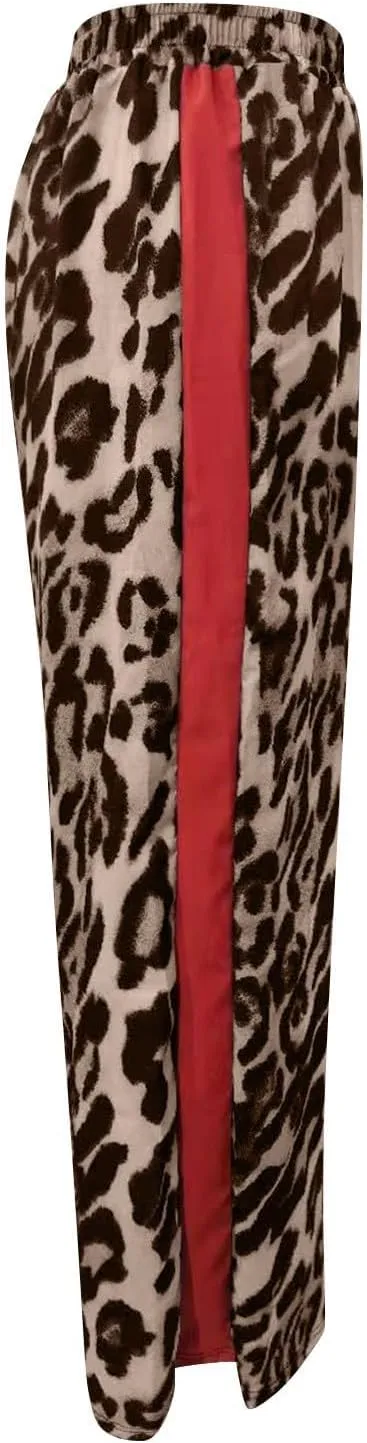 Kubbon Leopard Pants Women Elastic Waisted Wide Leg Pants Casual Stretchy Lounge Pant Palazzo Trousers with Pockets