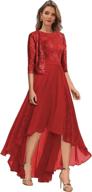 Lace Mother of The Bride Dresses Petite Tea Length Formal Dress High Low Red Evening Gown with Jackets Size 6