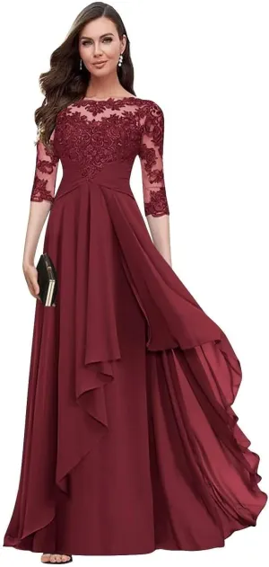 Lace Mother of The Bride Dresses with 3/4 Sleeve Applique Ruffle Chiffon A Line Formal Dresses for Wedding Guest
