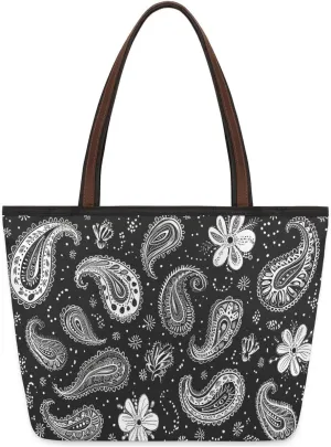 Large Tote Bag For Women Flower Paisley Ethnic Black Work Cloth Bags With Zipper Reusable Grocery Hand Bags Casual Travel Overnight Tote Purses Fit Travel,Work, Vacation,Beach, Shopping, Gym,Gifts