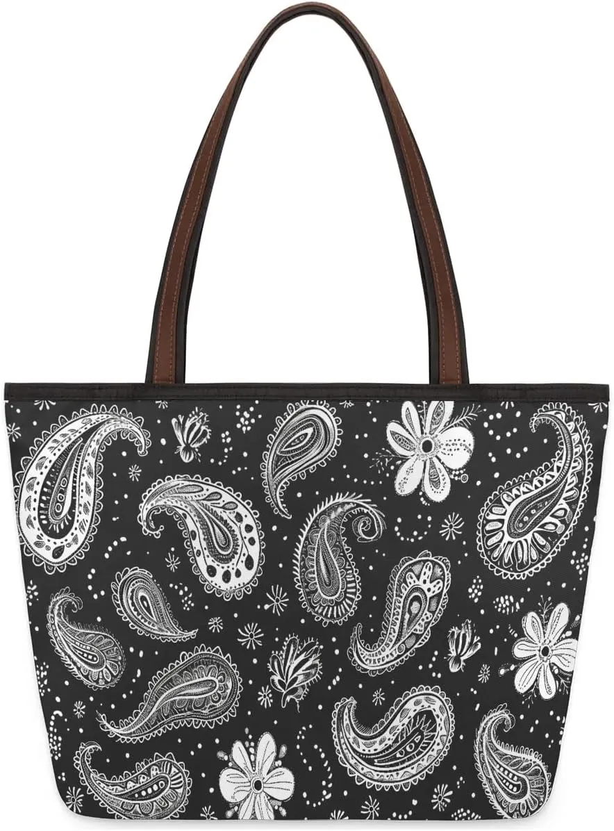 Large Tote Bag For Women Flower Paisley Ethnic Black Work Cloth Bags With Zipper Reusable Grocery Hand Bags Casual Travel Overnight Tote Purses Fit Travel,Work, Vacation,Beach, Shopping, Gym,Gifts