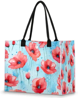Large Travel Utility Tote Bag for Women Reusable Shopping Bags with Handles Aesthetic Bolsos Para Mujeres Cute Canvas Bag for Beach School Work Grocery Poppy Flower Watercolor