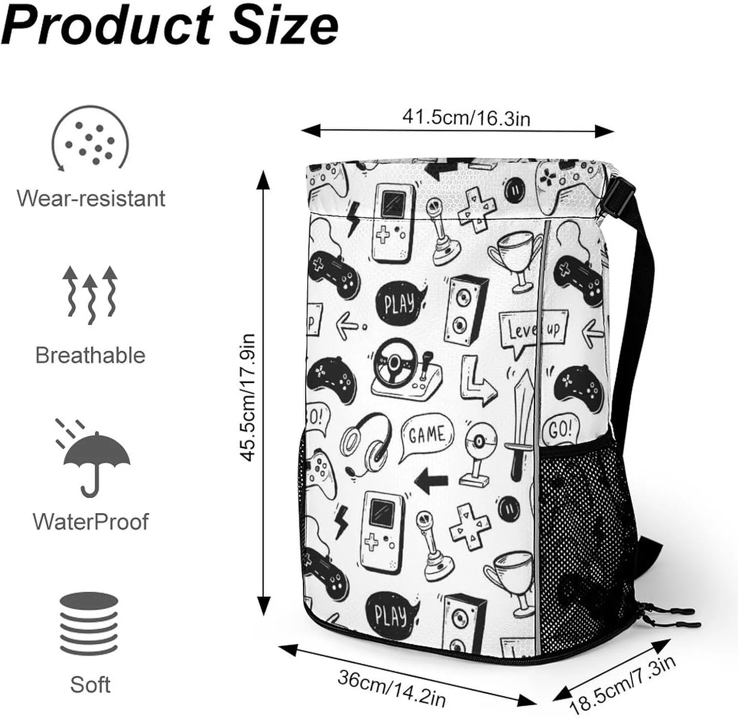 Large Zip Wet Dry Separation Backpack, Video Game Hand Drawn Gym Sports Drawstring Backpack
