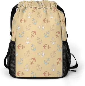Large Zip Wet Dry Separation Backpack, Vintage Brown Paper with Anchors Gym Sports Drawstring Backpack
