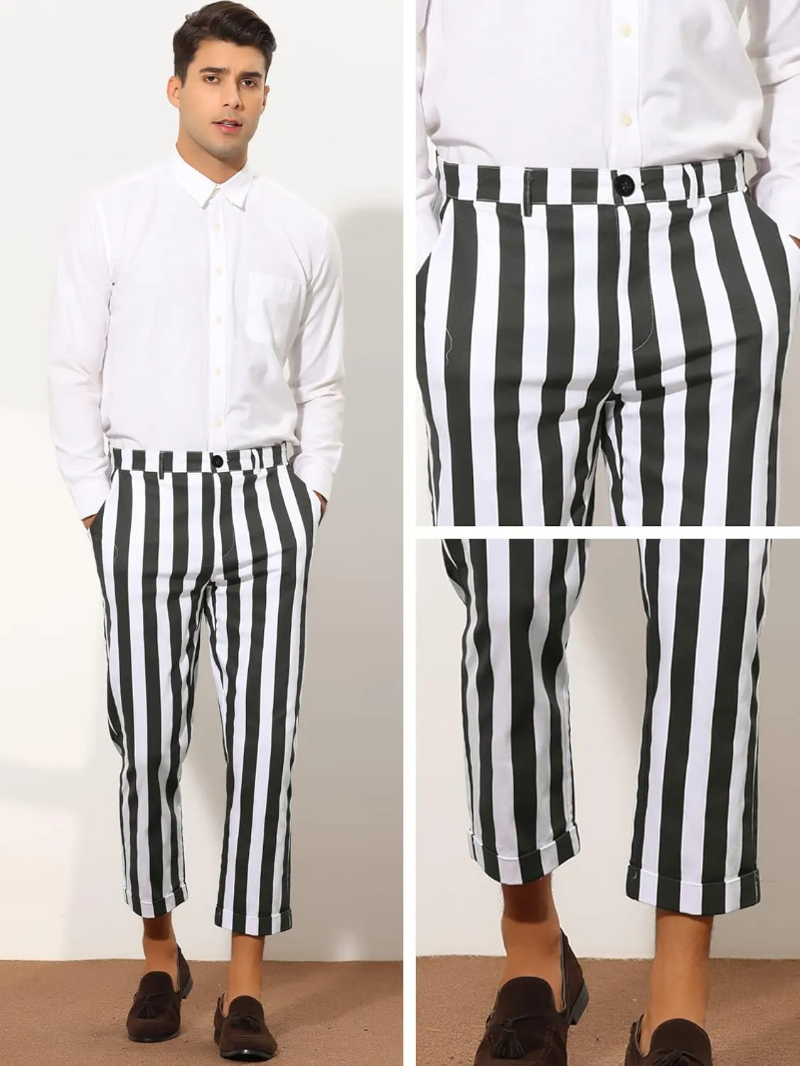 Lars Amadeus Striped Business Pants for Men's Slim Fit Flat Front Tapered Office Cropped Pants