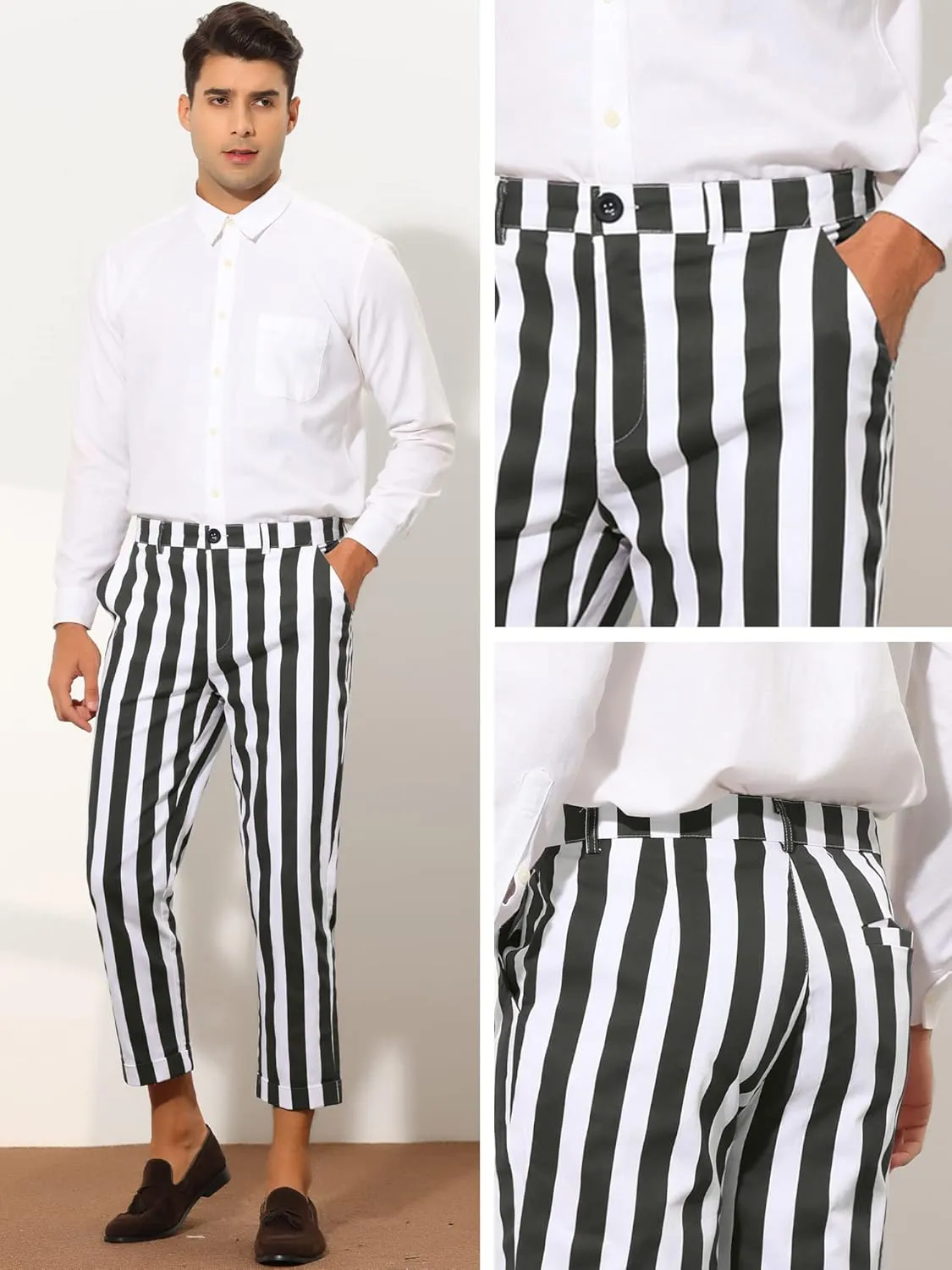 Lars Amadeus Striped Business Pants for Men's Slim Fit Flat Front Tapered Office Cropped Pants