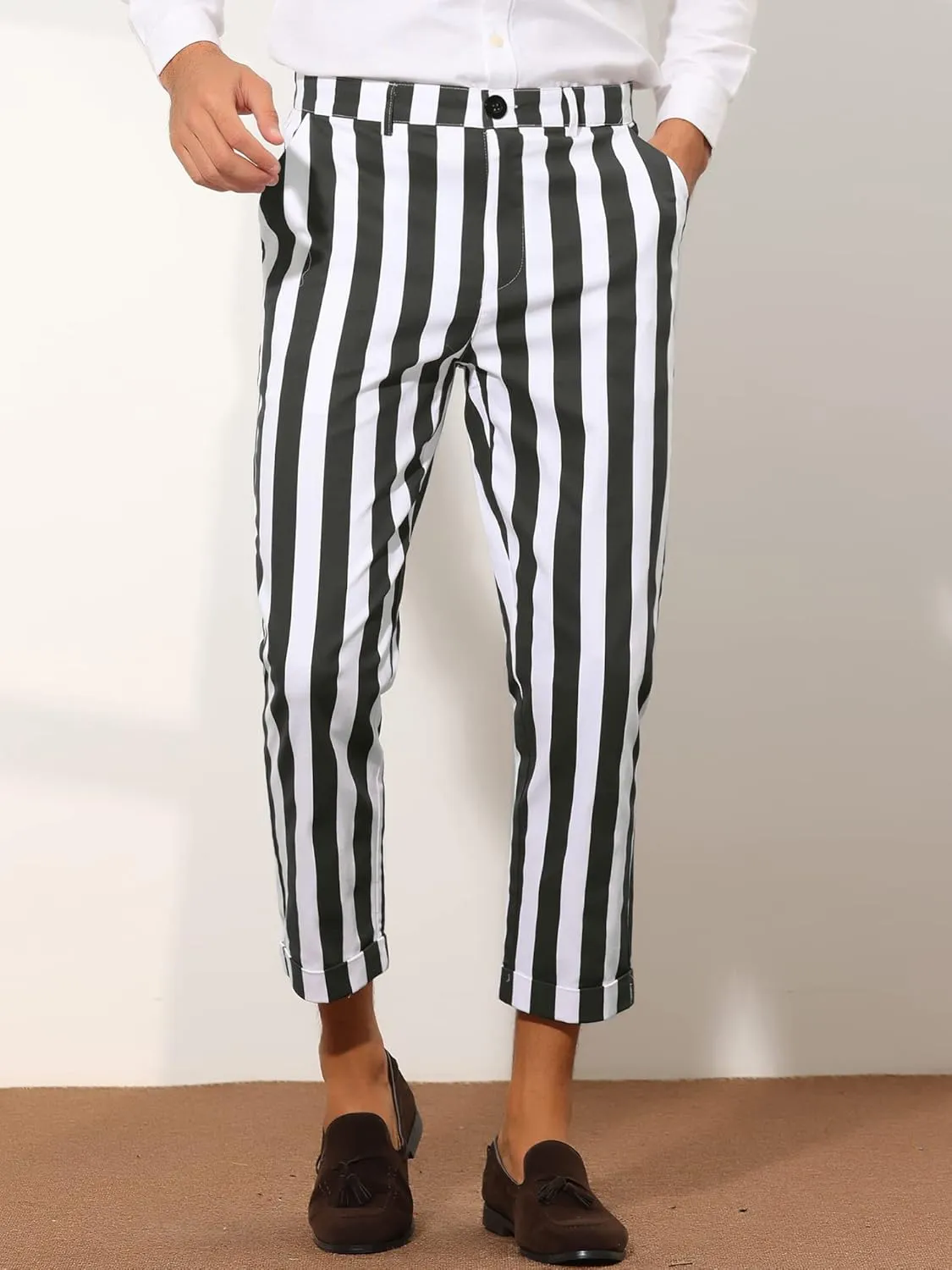 Lars Amadeus Striped Business Pants for Men's Slim Fit Flat Front Tapered Office Cropped Pants