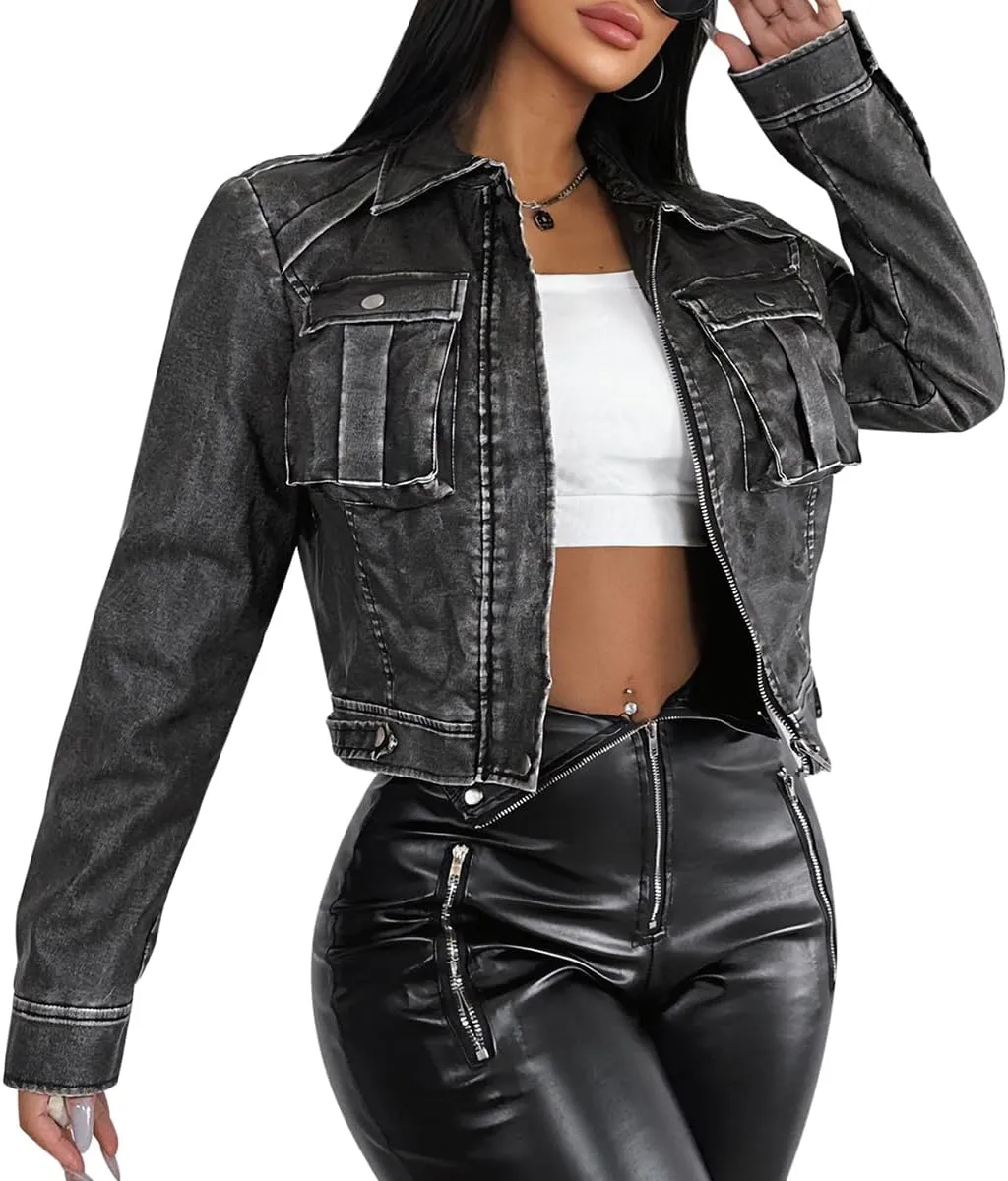 Leather Jacket Women Fall Moto Biker Jacket Zip Up Open Front Cropped Coat Outwear