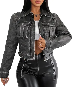 Leather Jacket Women Fall Moto Biker Jacket Zip Up Open Front Cropped Coat Outwear