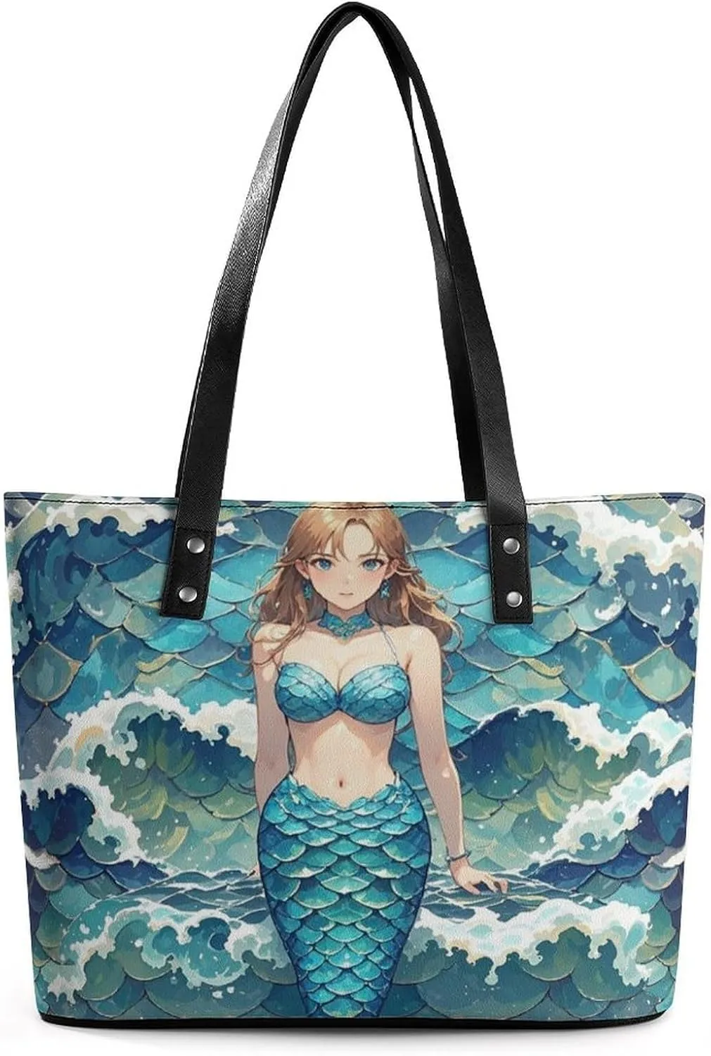 Leather Tote Bag Crossbody Bags for Women Fashion Top Handle Handbag Blue Waves Squama Mermaid Scale Ladies Shoulder Bags Casual Beach Bag Gym Bages Ladies Purses for Shopping Work Travel