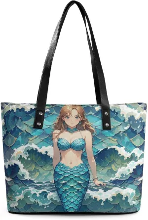 Leather Tote Bag Crossbody Bags for Women Fashion Top Handle Handbag Blue Waves Squama Mermaid Scale Ladies Shoulder Bags Casual Beach Bag Gym Bages Ladies Purses for Shopping Work Travel