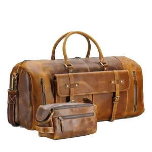 Leather Unisex Toiletry Bag Travel Dopp Kit and leather 24 inch overnight weekend shoe duffle bag for Men and Women Combo Pack