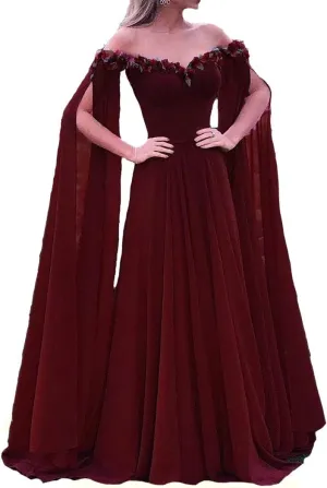 Lemai Floral Off The Shoulder Goddess Long Sleeves Cape Prom Evening Dresses