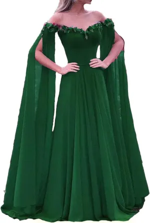 Lemai Floral Off The Shoulder Goddess Long Sleeves Cape Prom Evening Dresses