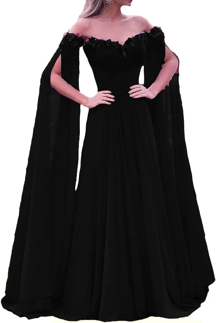 Lemai Floral Off The Shoulder Goddess Long Sleeves Cape Prom Evening Dresses