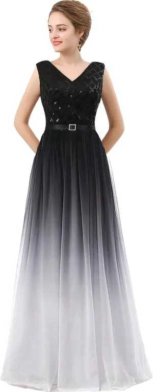Lemai V Neck Long Sequined Chiffon A Line Corset Prom Evening Dresses