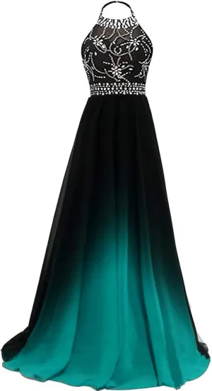 Lemai Women Formal Beaded Gradient Black Ombre Chiffon Long Prom Evening Dresses
