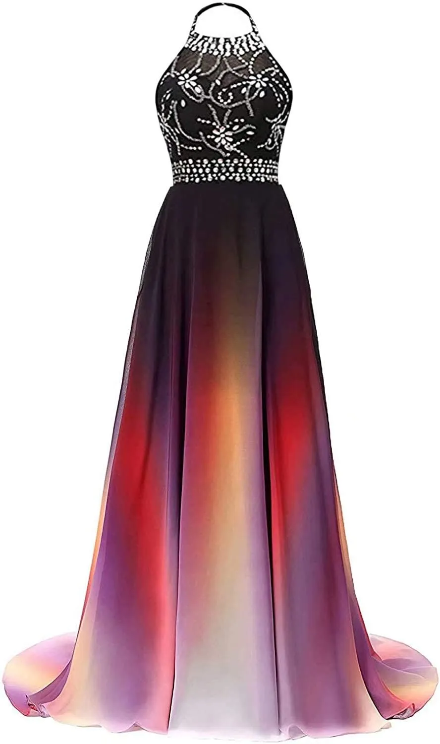 Lemai Women Formal Beaded Gradient Black Ombre Chiffon Long Prom Evening Dresses