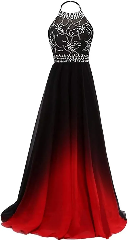 Lemai Women Formal Beaded Gradient Black Ombre Chiffon Long Prom Evening Dresses