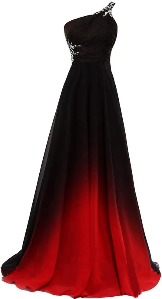 Lemai Women Formal Beaded Gradient Black Ombre Chiffon Long Prom Evening Dresses