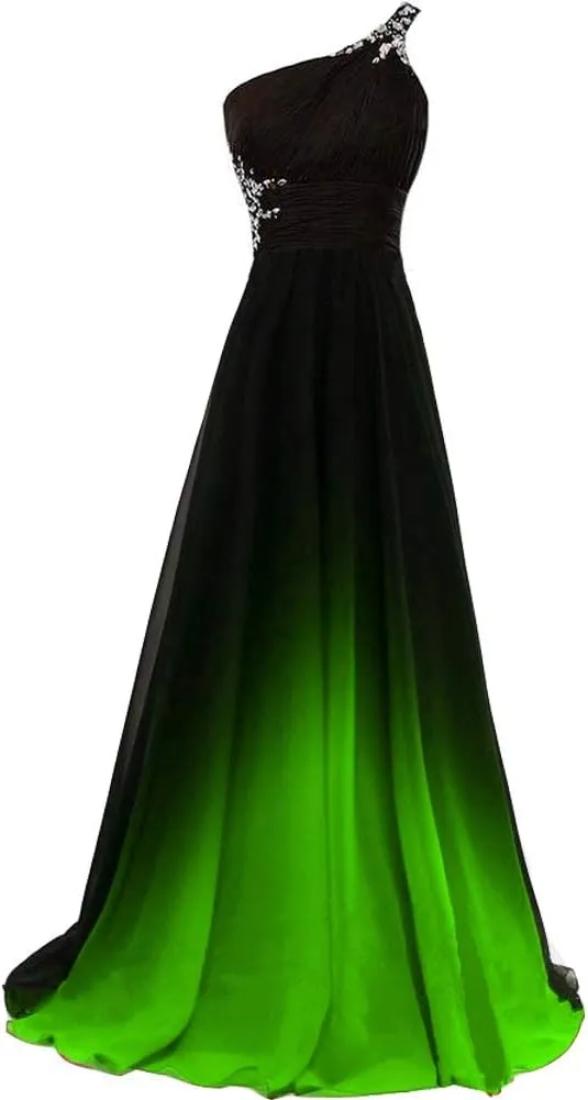 Lemai Women Formal Beaded Gradient Black Ombre Chiffon Long Prom Evening Dresses