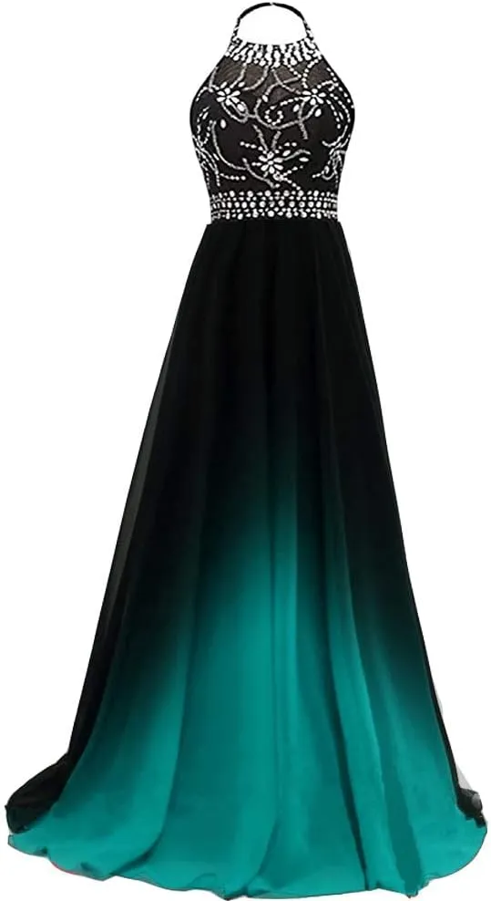 Lemai Women Formal Beaded Gradient Black Ombre Chiffon Long Prom Evening Dresses
