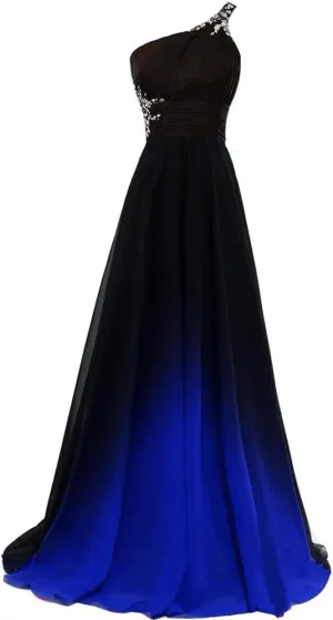 Lemai Women Formal Beaded Gradient Black Ombre Chiffon Long Prom Evening Dresses