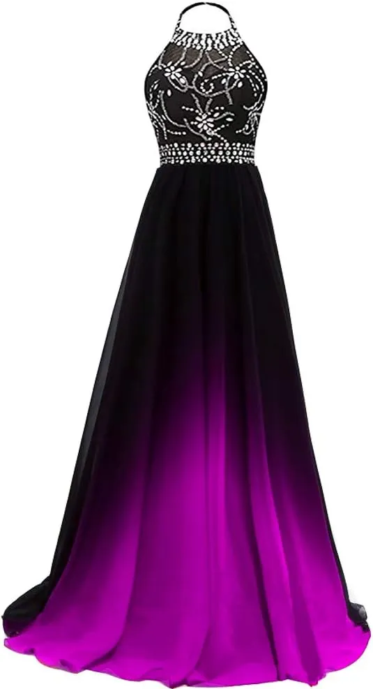 Lemai Women Formal Beaded Gradient Black Ombre Chiffon Long Prom Evening Dresses