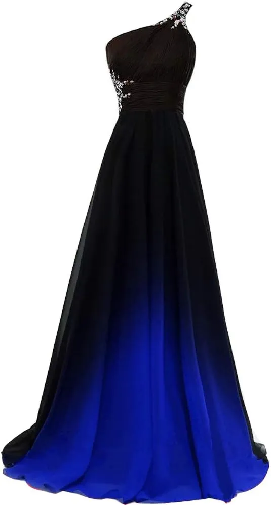 Lemai Women Formal Beaded Gradient Black Ombre Chiffon Long Prom Evening Dresses