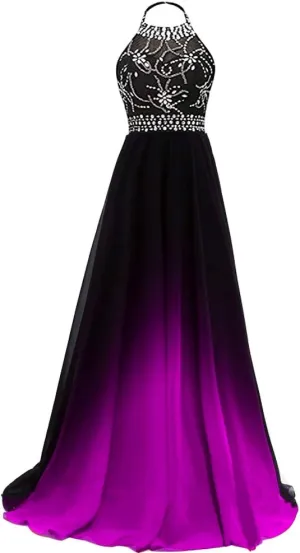 Lemai Women Formal Beaded Gradient Black Ombre Chiffon Long Prom Evening Dresses