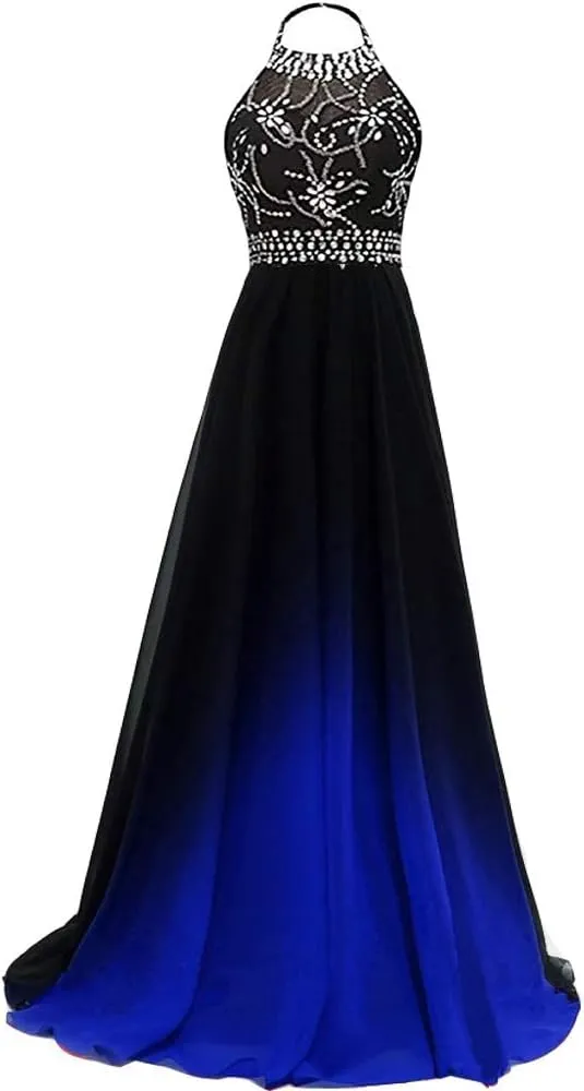 Lemai Women Formal Beaded Gradient Black Ombre Chiffon Long Prom Evening Dresses