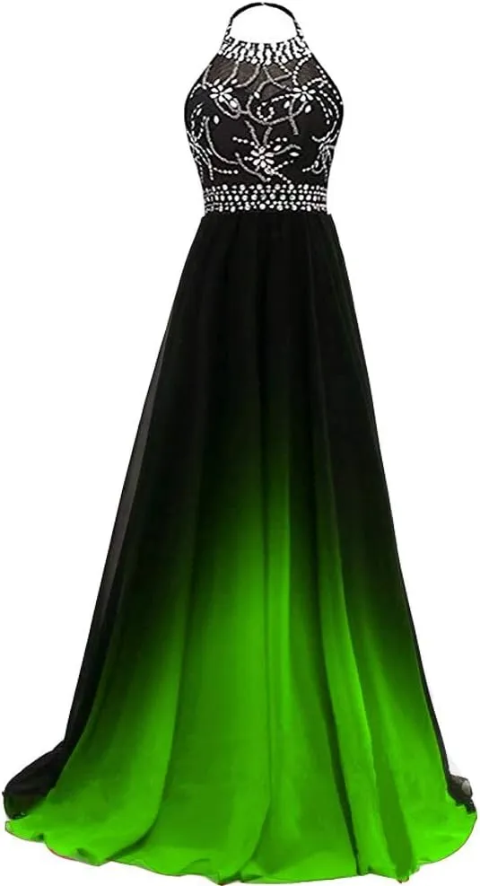 Lemai Women Formal Beaded Gradient Black Ombre Chiffon Long Prom Evening Dresses