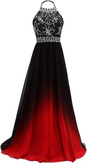 Lemai Women Formal Beaded Gradient Black Ombre Chiffon Long Prom Evening Dresses