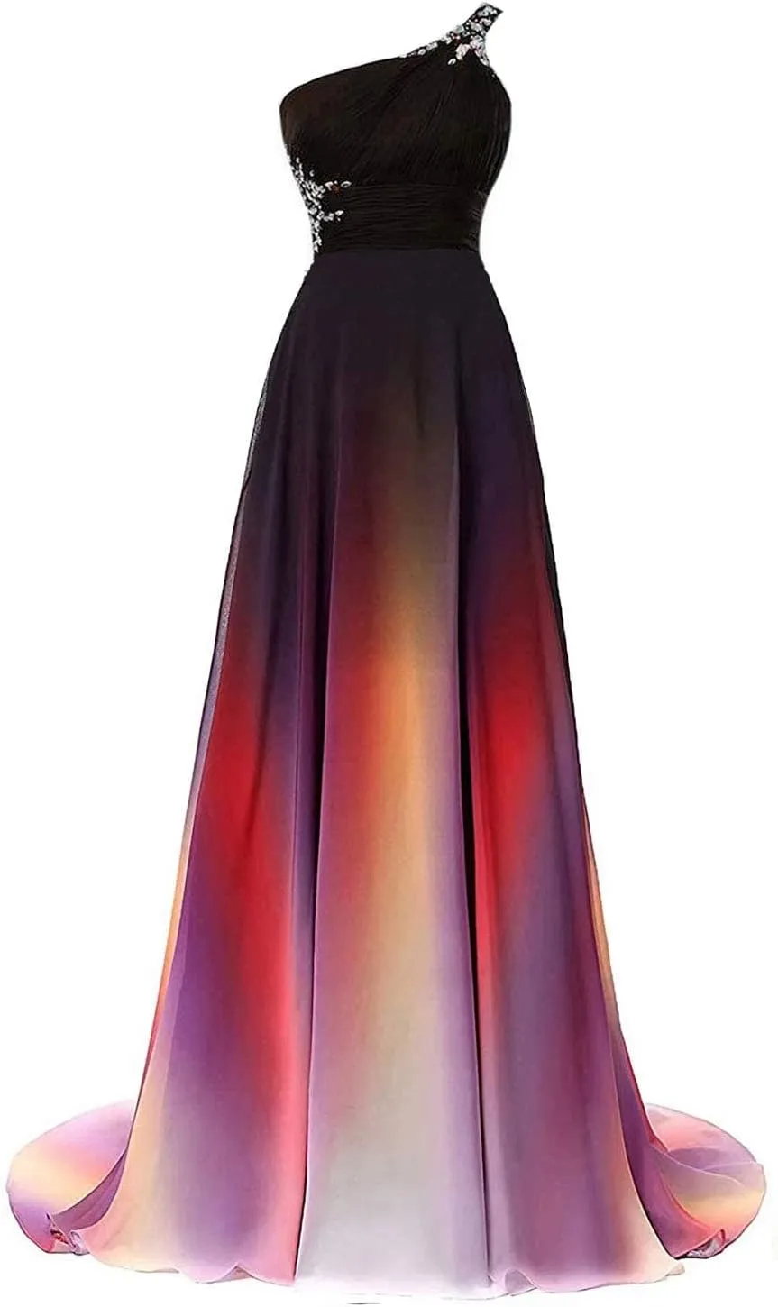 Lemai Women Formal Beaded Gradient Black Ombre Chiffon Long Prom Evening Dresses