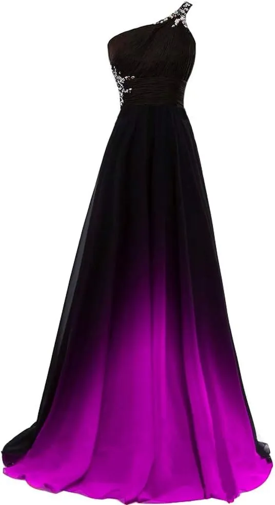Lemai Women Formal Beaded Gradient Black Ombre Chiffon Long Prom Evening Dresses