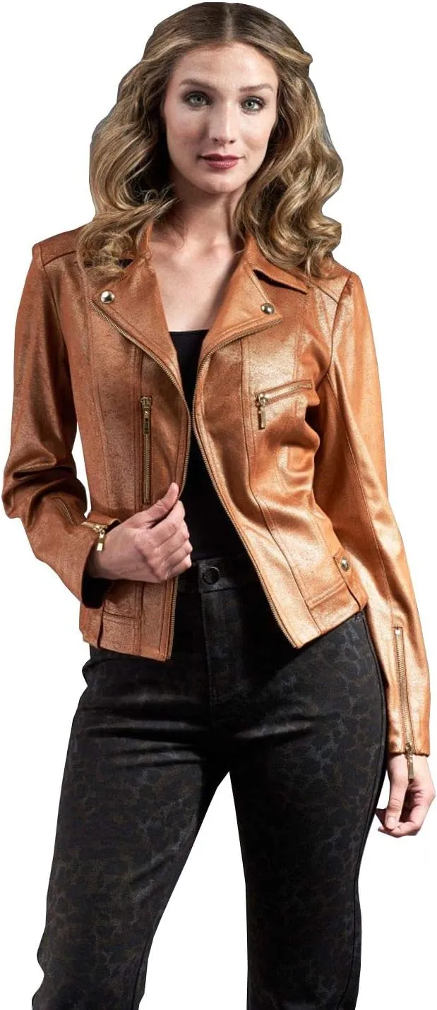Lena Gabrielle Faux Leather Vegan Moto Jacket Liquid Cognac/Gold